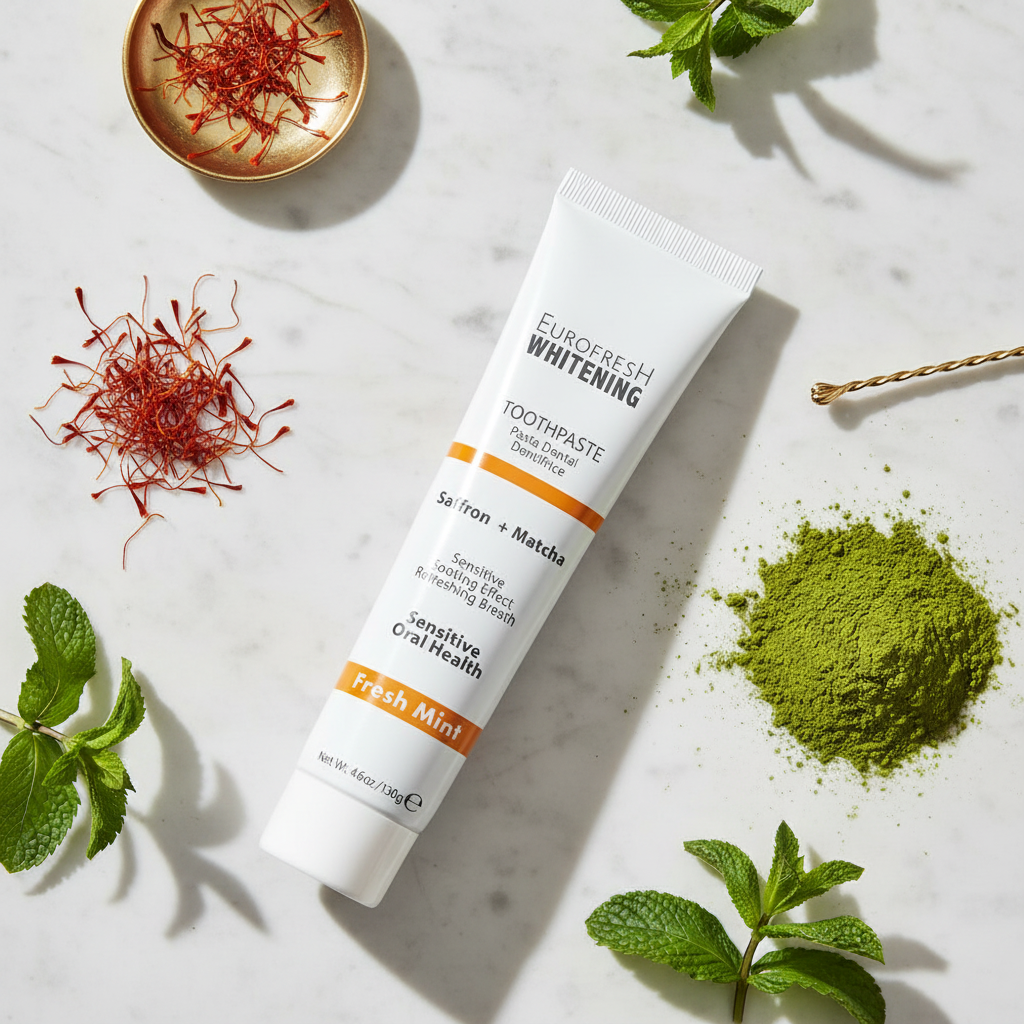Eurofresh Whitening Saffron + Matcha Toothpaste lifestyle image by Sacred Glow