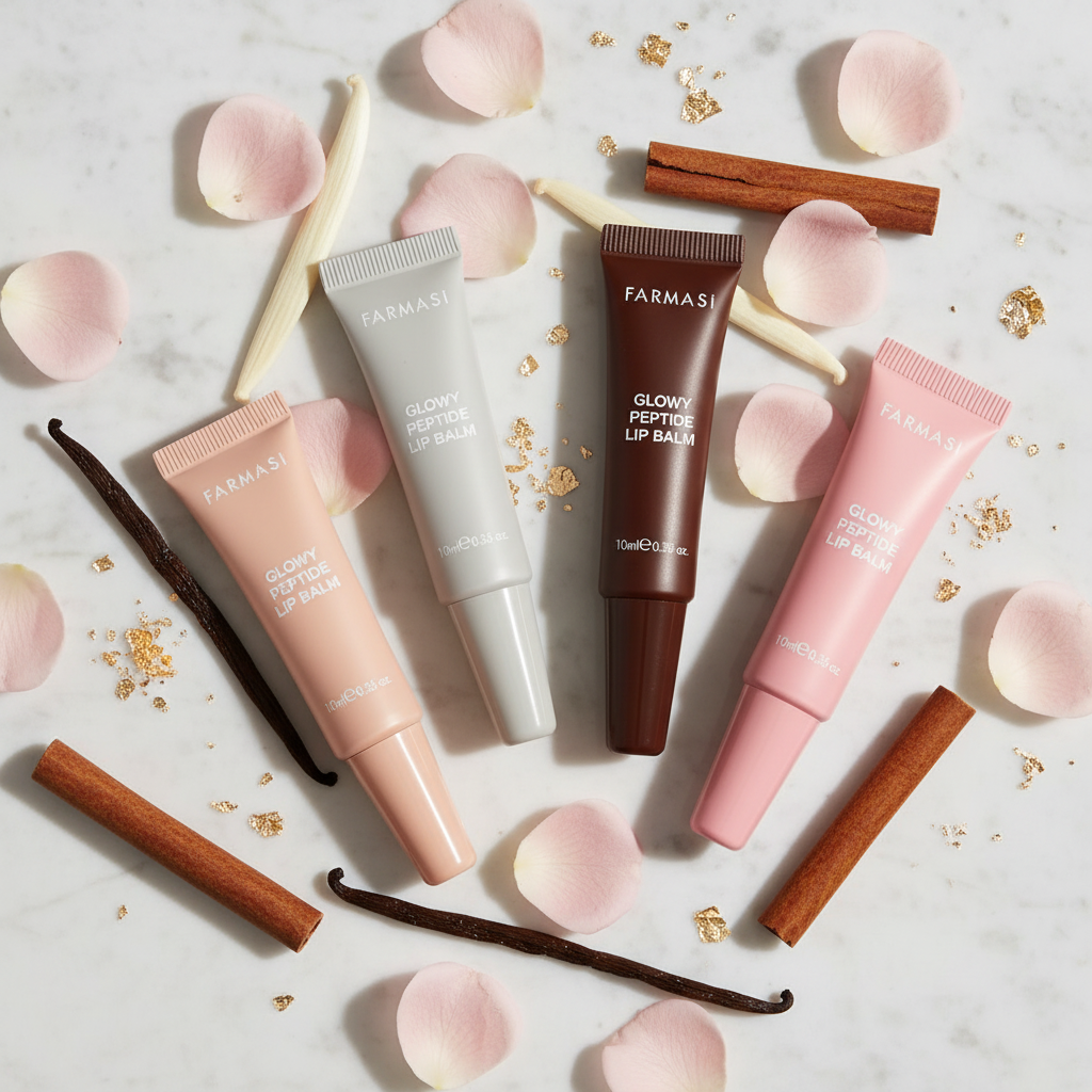 Farmasi Glowy Peptide Lip Balm in all 4 shades lifestyle image by Sacred Glow